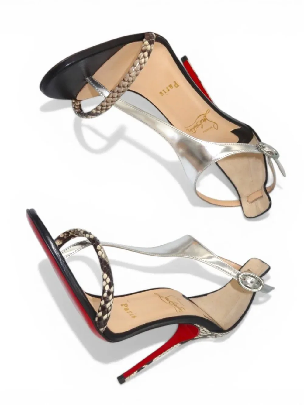 Christian Louboutin Athina Python T Strap Sandals Black Silver Size 37.5 - Picture 13 of 16